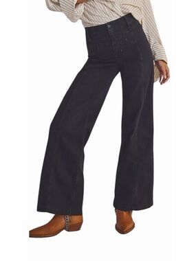 Free People We The People Libre Wide Leg Jeans Cafe Noir Short Black NWT